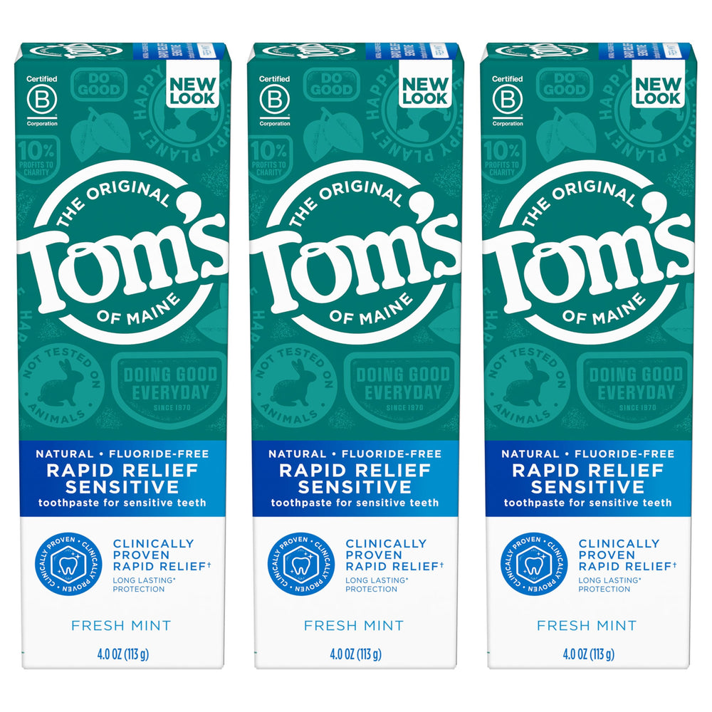 Tom's of Maine frente del empaque mostrando Fresh Mint y beneficio alivio