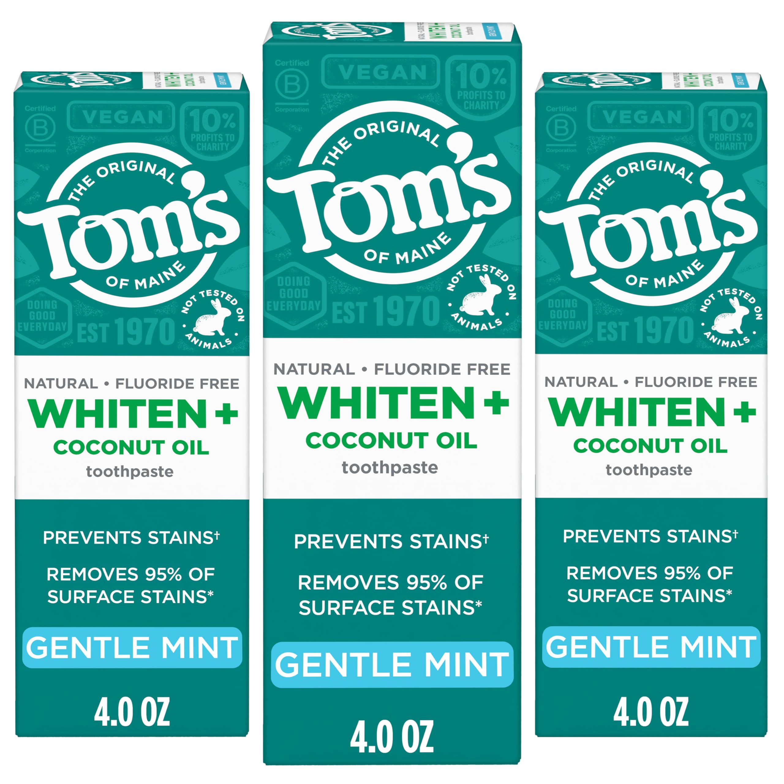 Tom's of Maine frente del empaque mostrando paquete y beneficio blanqueador