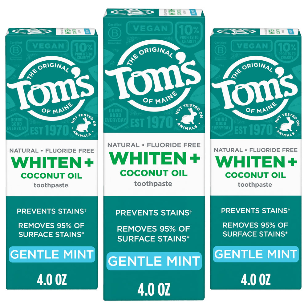 Tom's of Maine frente del empaque mostrando paquete y beneficio blanqueador