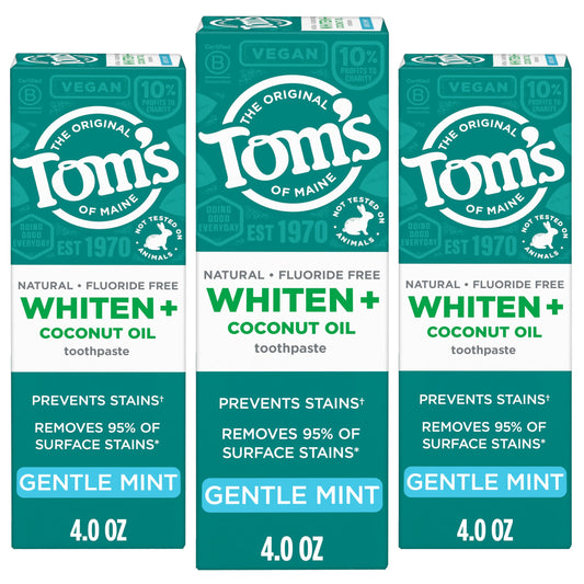 Tom's of Maine frente del empaque mostrando paquete y beneficio blanqueador