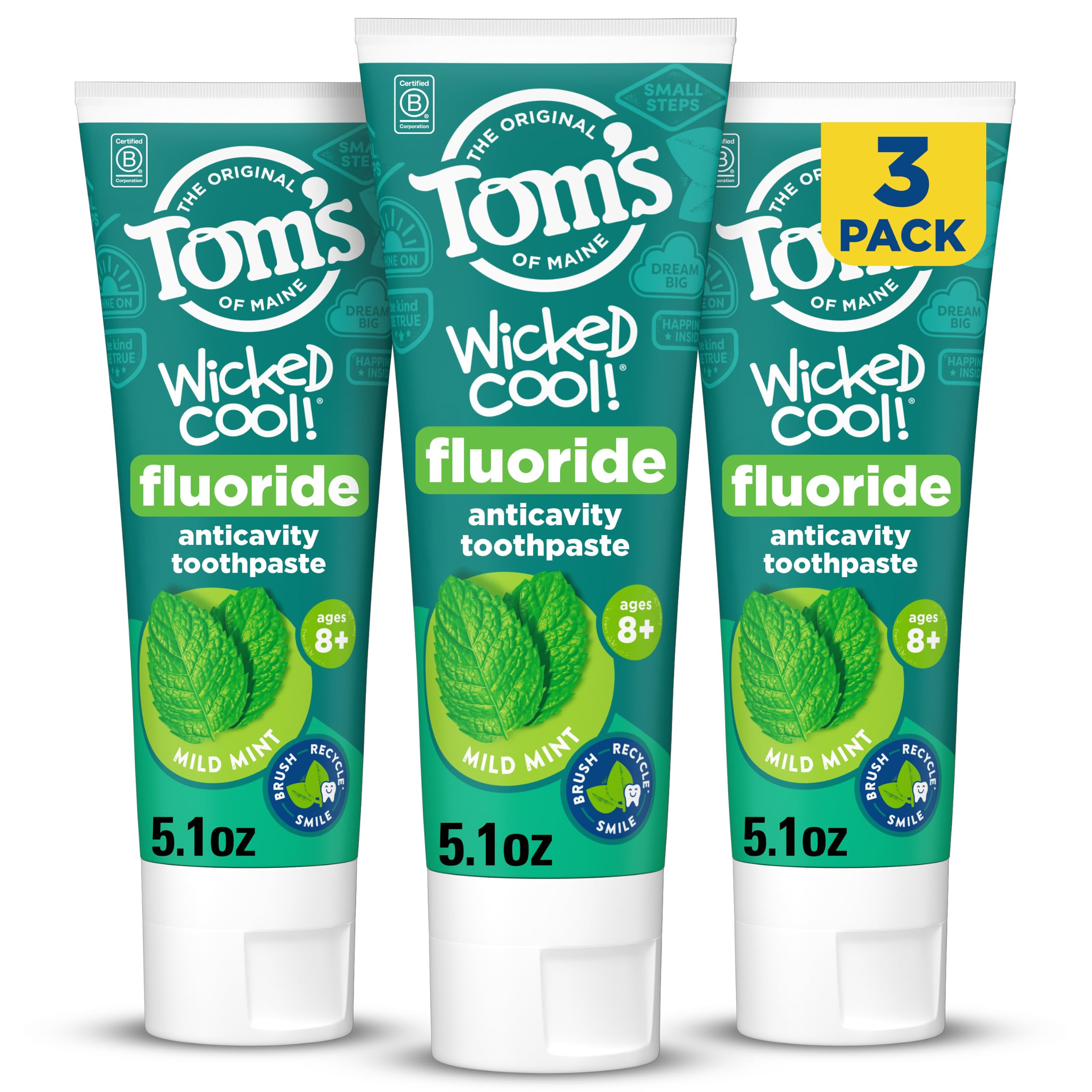 Tom's of Maine frente del empaque mostrando pack triple y beneficios
