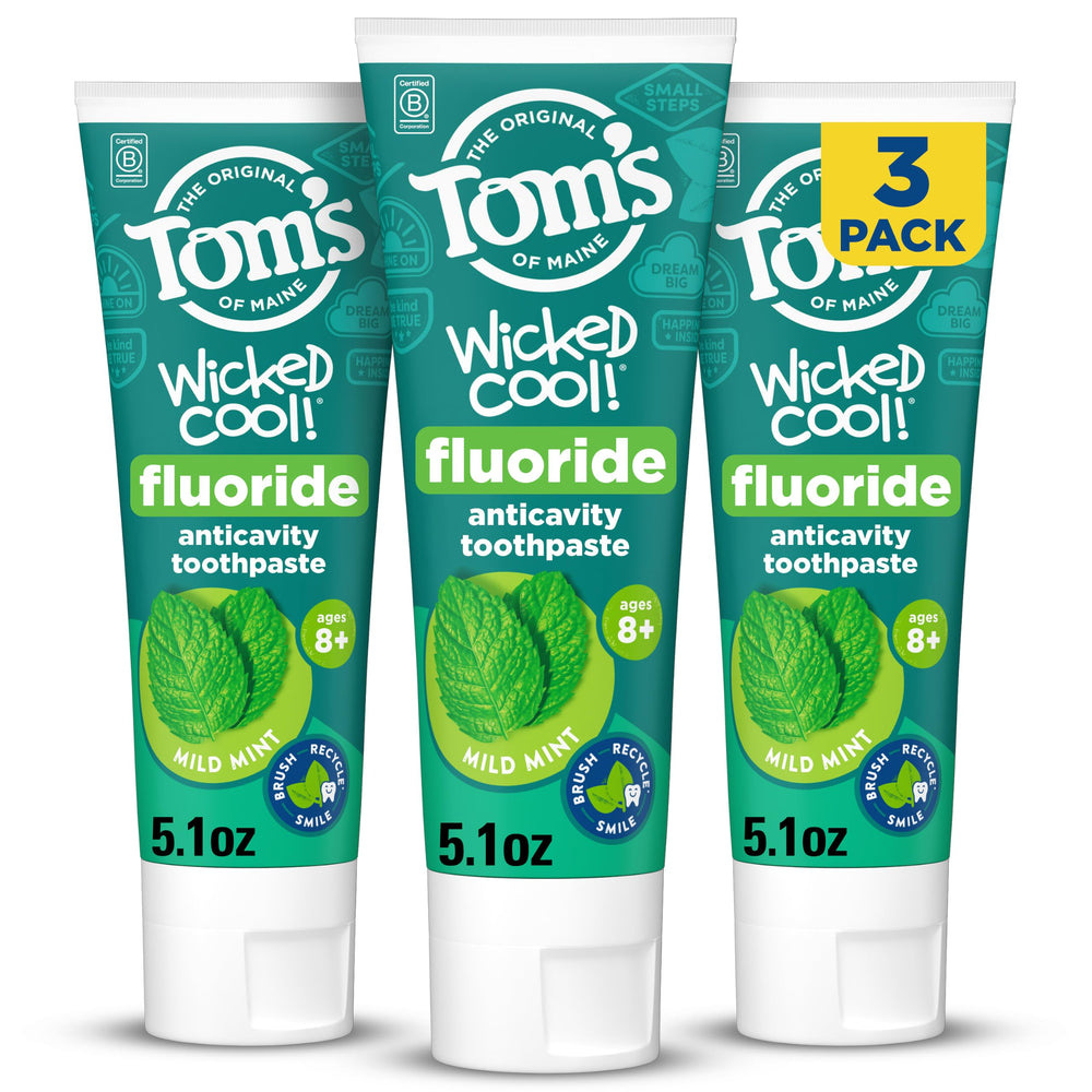 Tom's of Maine frente del empaque mostrando pack triple y beneficios