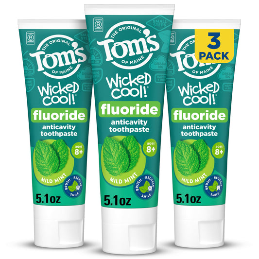 Tom's of Maine frente del empaque mostrando pack triple y beneficios