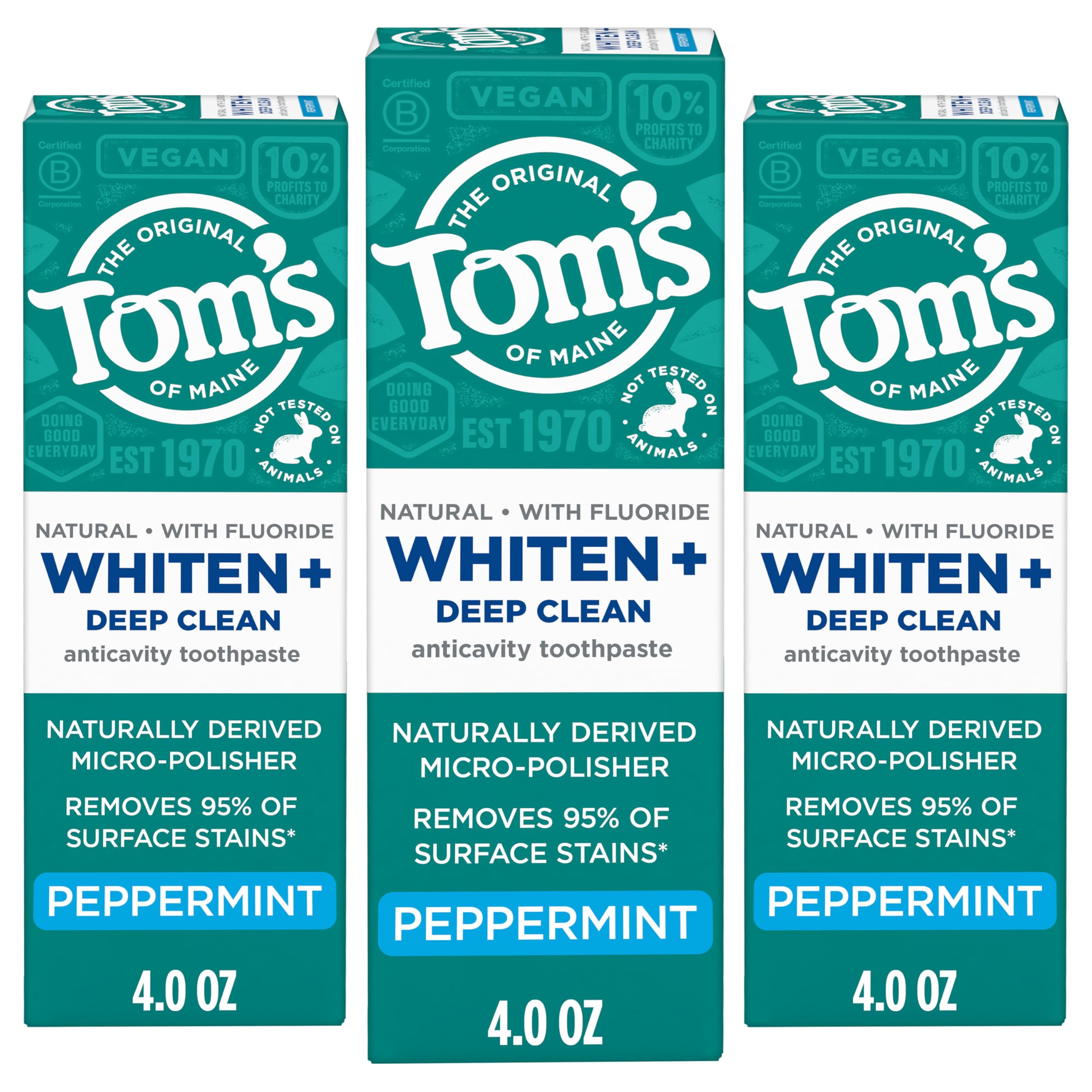 Tom's of Maine frente del empaque mostrando tres tubos y beneficio blanqueador