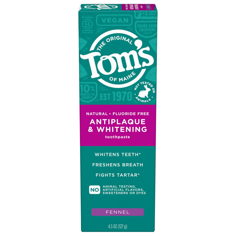 Tom's of Maine frente del empaque mostrando la etiqueta y beneficio antiplaque