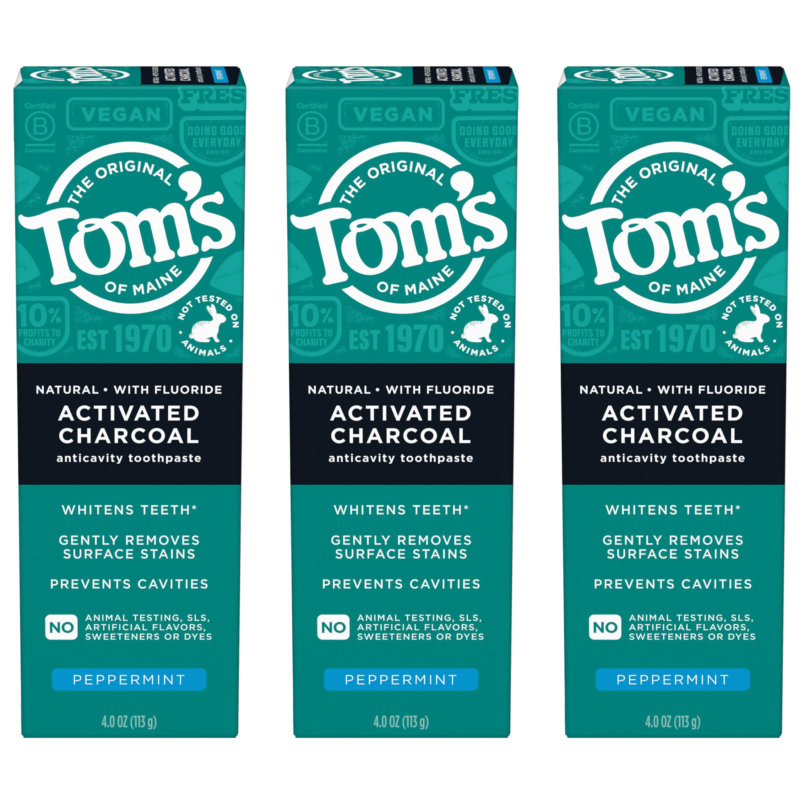 Tom's of Maine frente del empaque mostrando 3 tubos y beneficio de ahorro