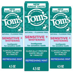 Tom's of Maine frente del empaque mostrando tres tubos y beneficio de alivio rápido