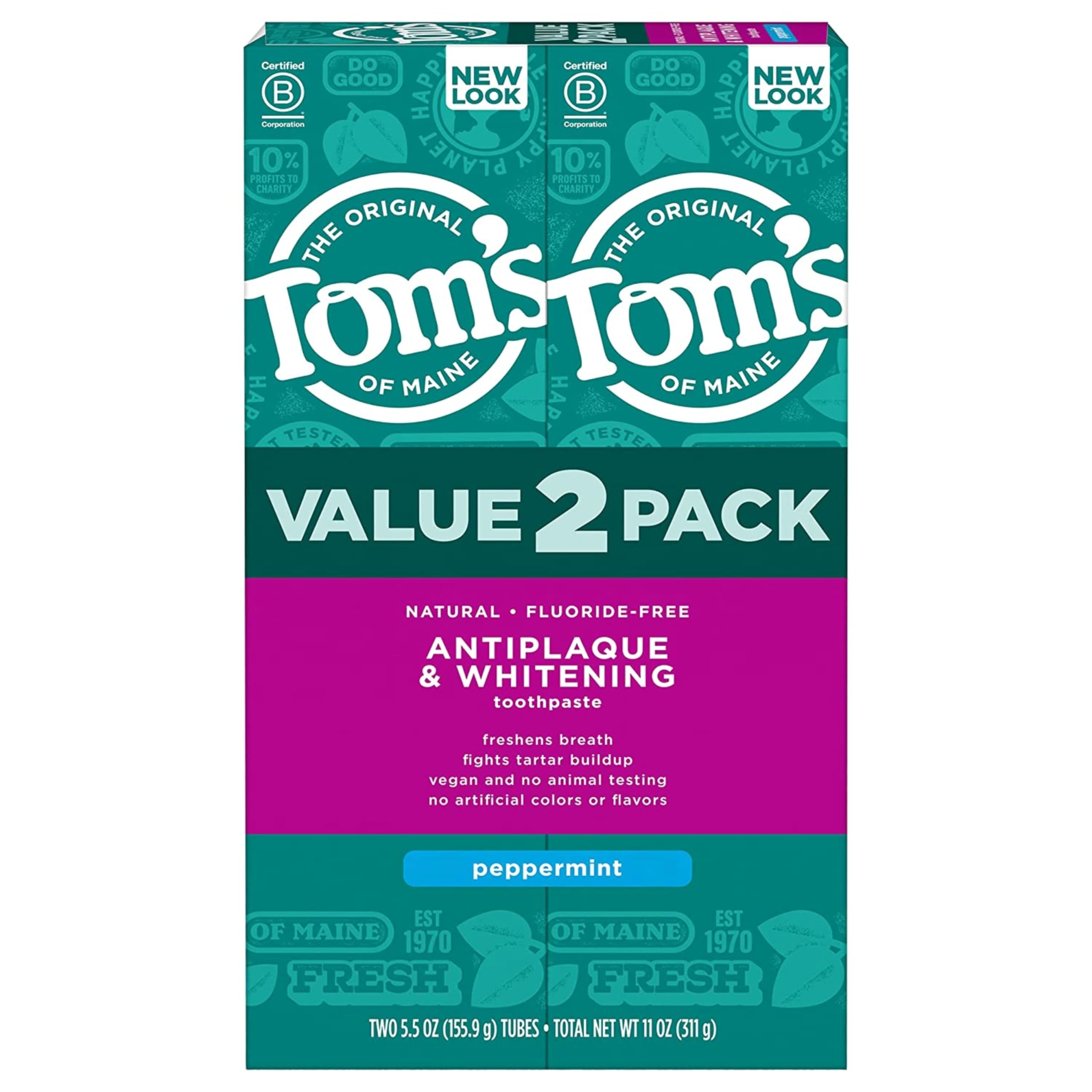 Tom's of Maine vista frontal del envase mostrando el pack doble y beneficio natural
