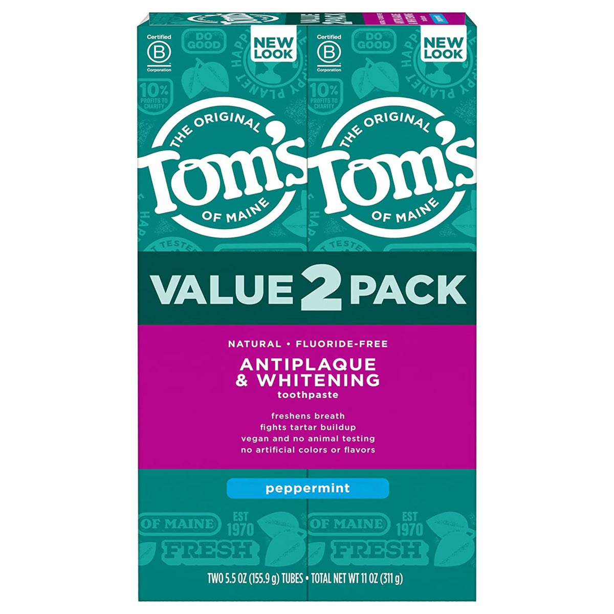 Tom's of Maine vista frontal del envase mostrando el pack doble y beneficio natural