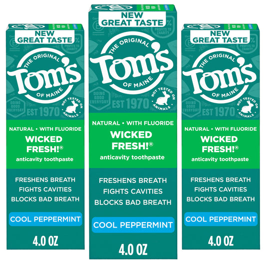 Tom's of Maine frente del empaque con tres tubos mostrando ahorro