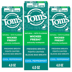 Tom's of Maine frente del empaque con tres tubos mostrando ahorro