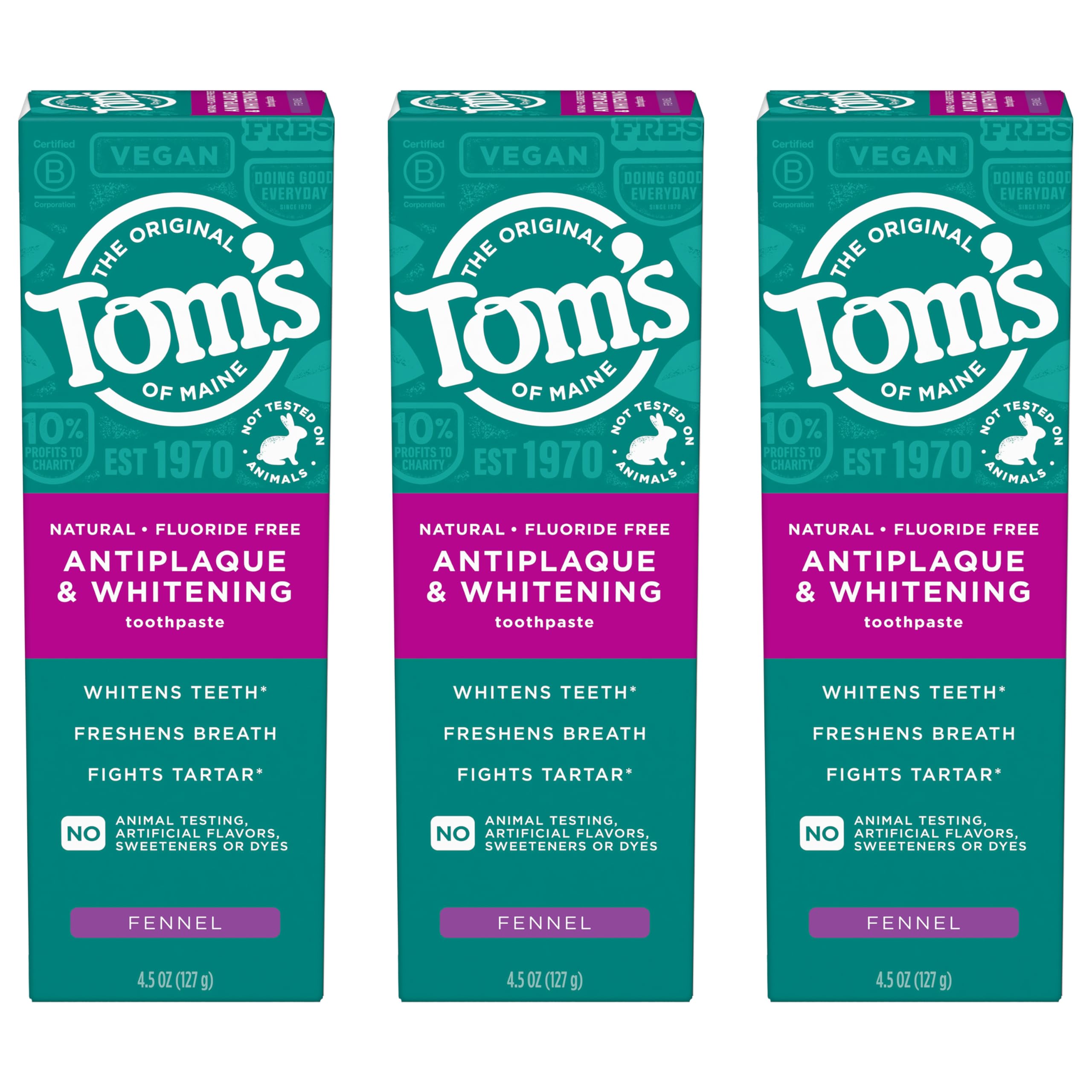 Tom's of Maine frente del pack de tres tubos muestra beneficios naturales
