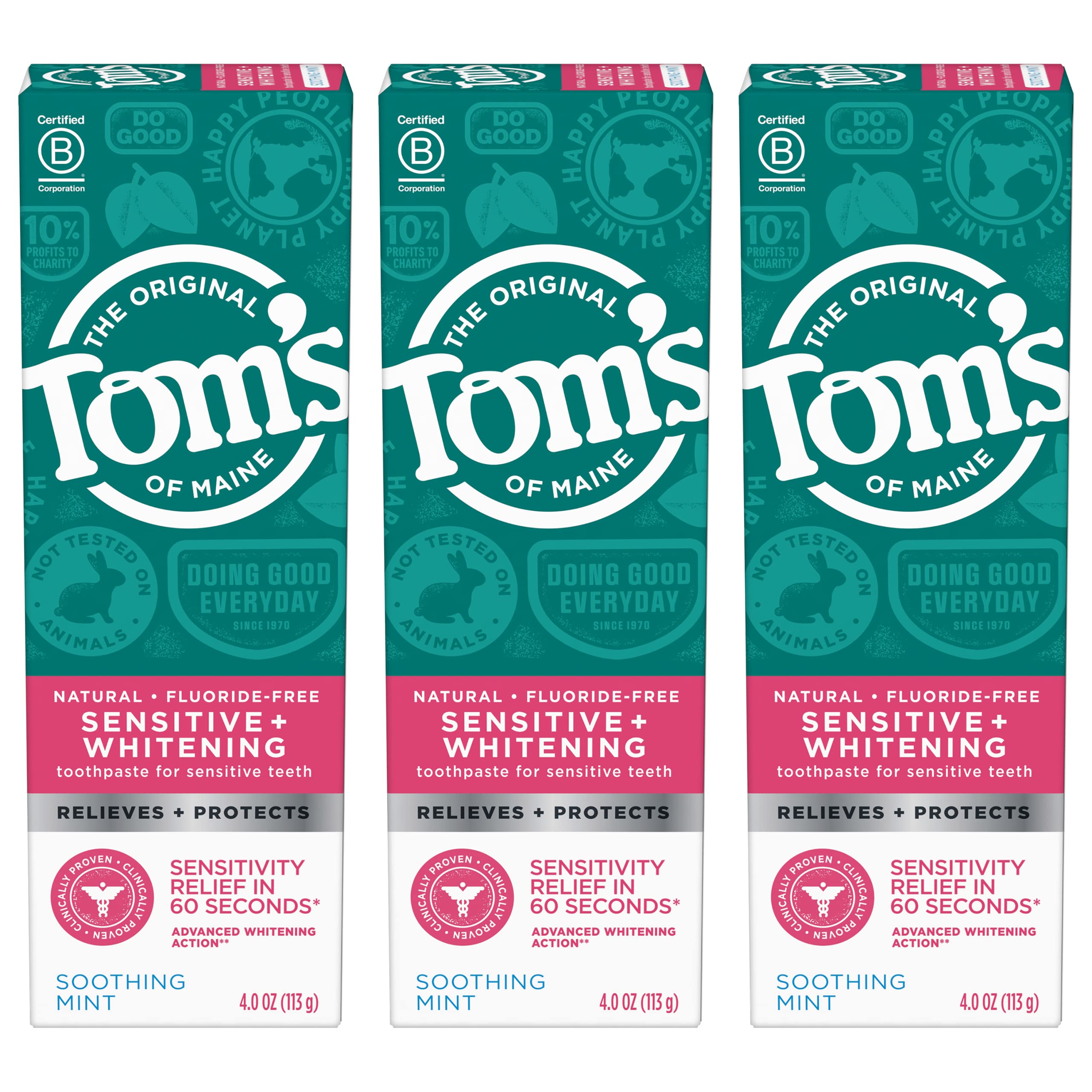 Tom's of Maine vista frontal del paquete con tres tubos, conveniente para familias