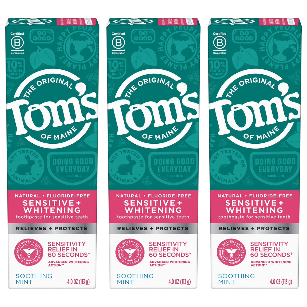Tom's of Maine vista frontal del paquete con tres tubos, conveniente para familias