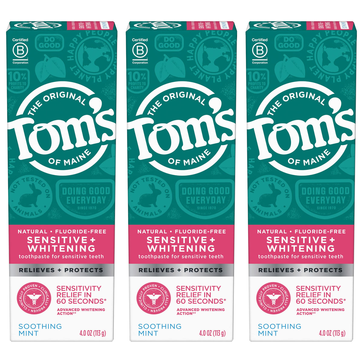 Tom's of Maine vista frontal del paquete con tres tubos, conveniente para familias