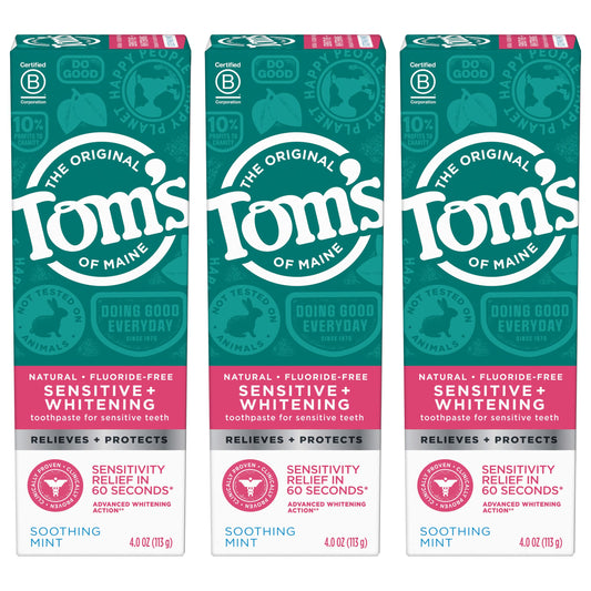 Tom's of Maine vista frontal del paquete con tres tubos, conveniente para familias