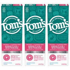 Tom's of Maine vista frontal del paquete con tres tubos, conveniente para familias