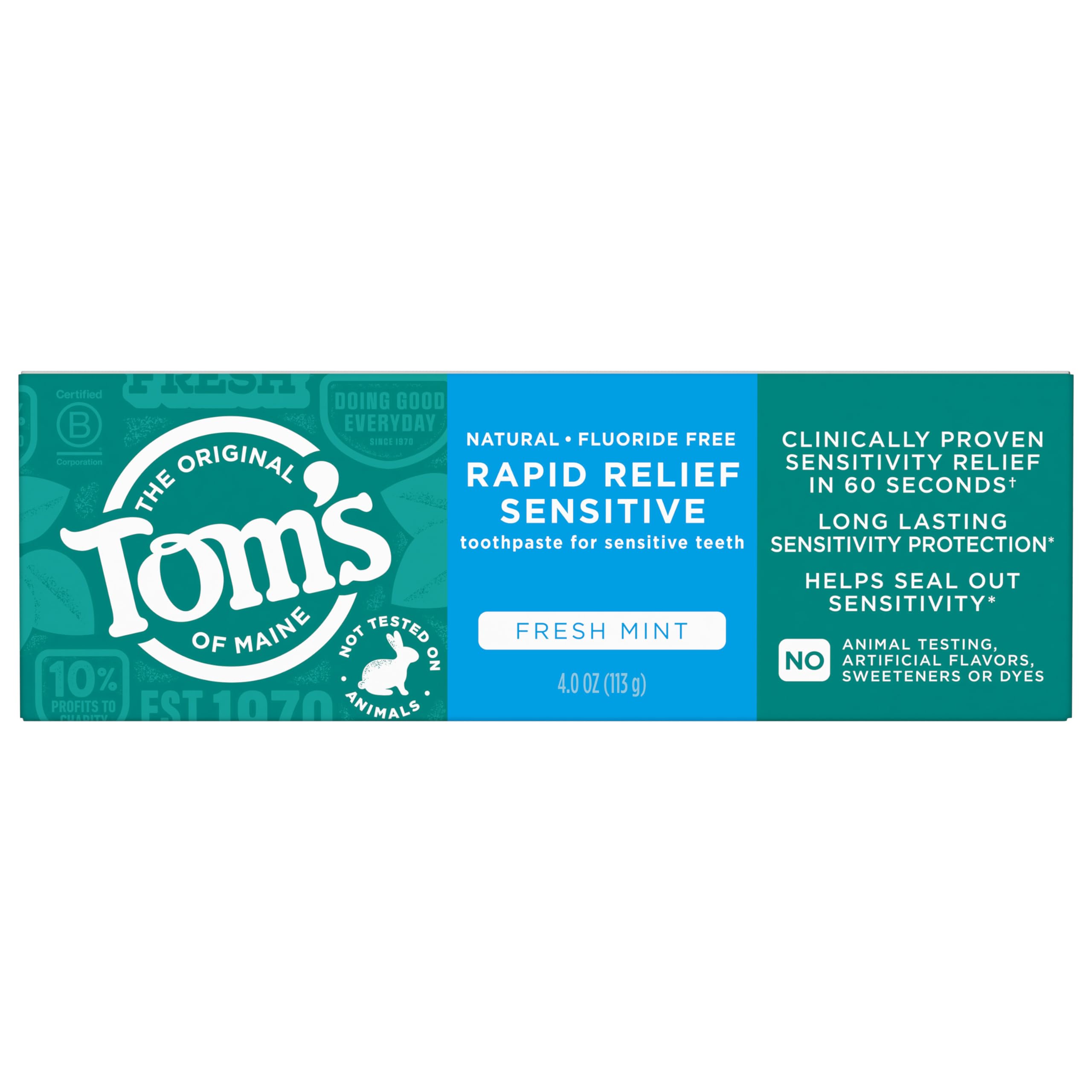 Tom's of Maine frente del tubo mostrando diseño y beneficio natural