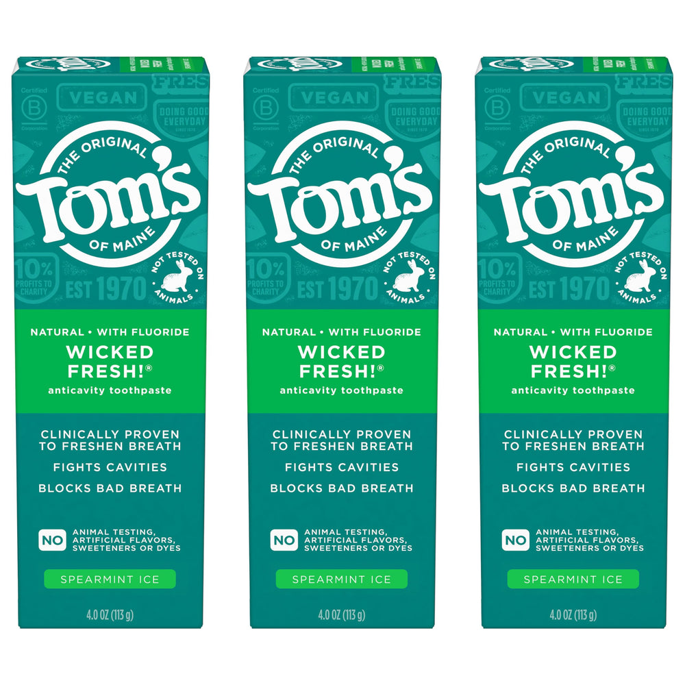 Tom's of Maine frontal del empaque mostrando los tres tubos y beneficios