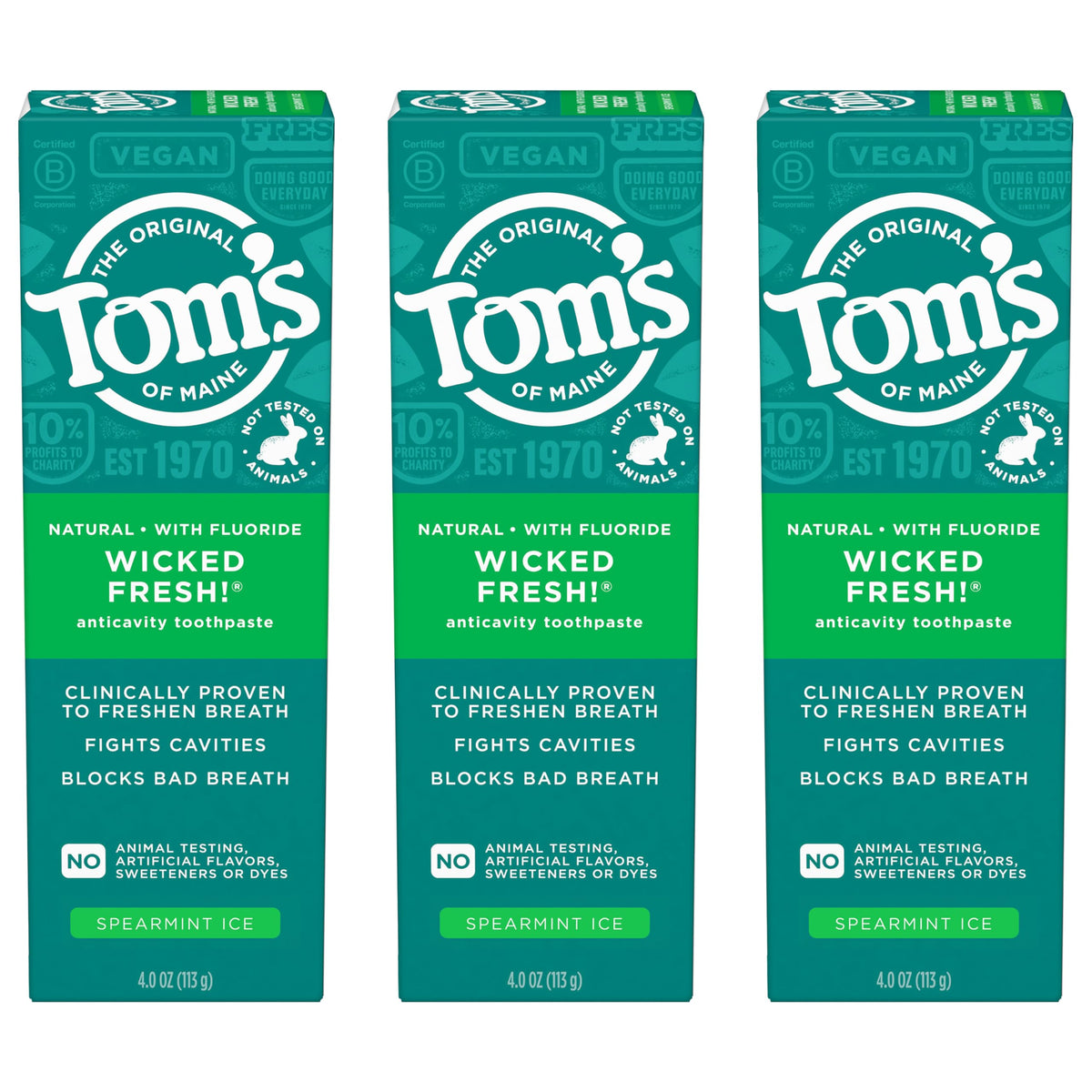 Tom's of Maine frontal del empaque mostrando los tres tubos y beneficios