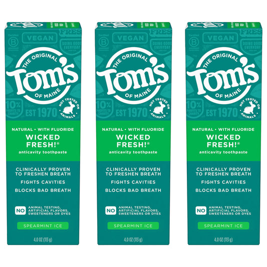 Tom's of Maine frontal del empaque mostrando los tres tubos y beneficios