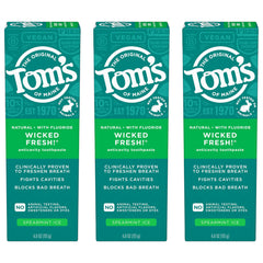 Tom's of Maine frontal del empaque mostrando los tres tubos y beneficios