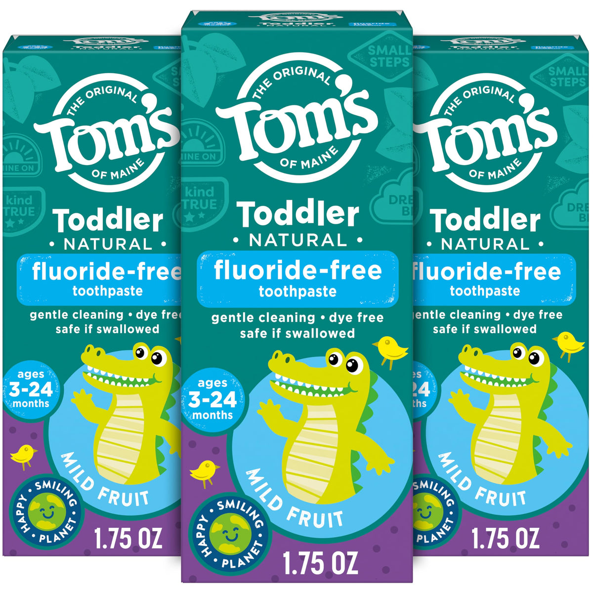 Tom's of Maine frontal del envase mostrando el sabor Mild Fruit y beneficio natural