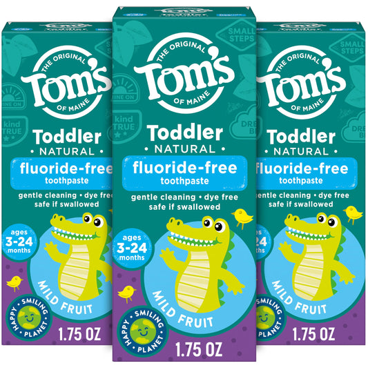 Tom's of Maine frontal del envase mostrando el sabor Mild Fruit y beneficio natural