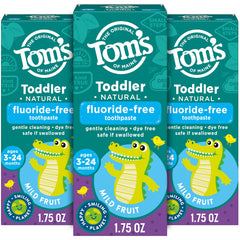 Tom's of Maine frontal del envase mostrando el sabor Mild Fruit y beneficio natural