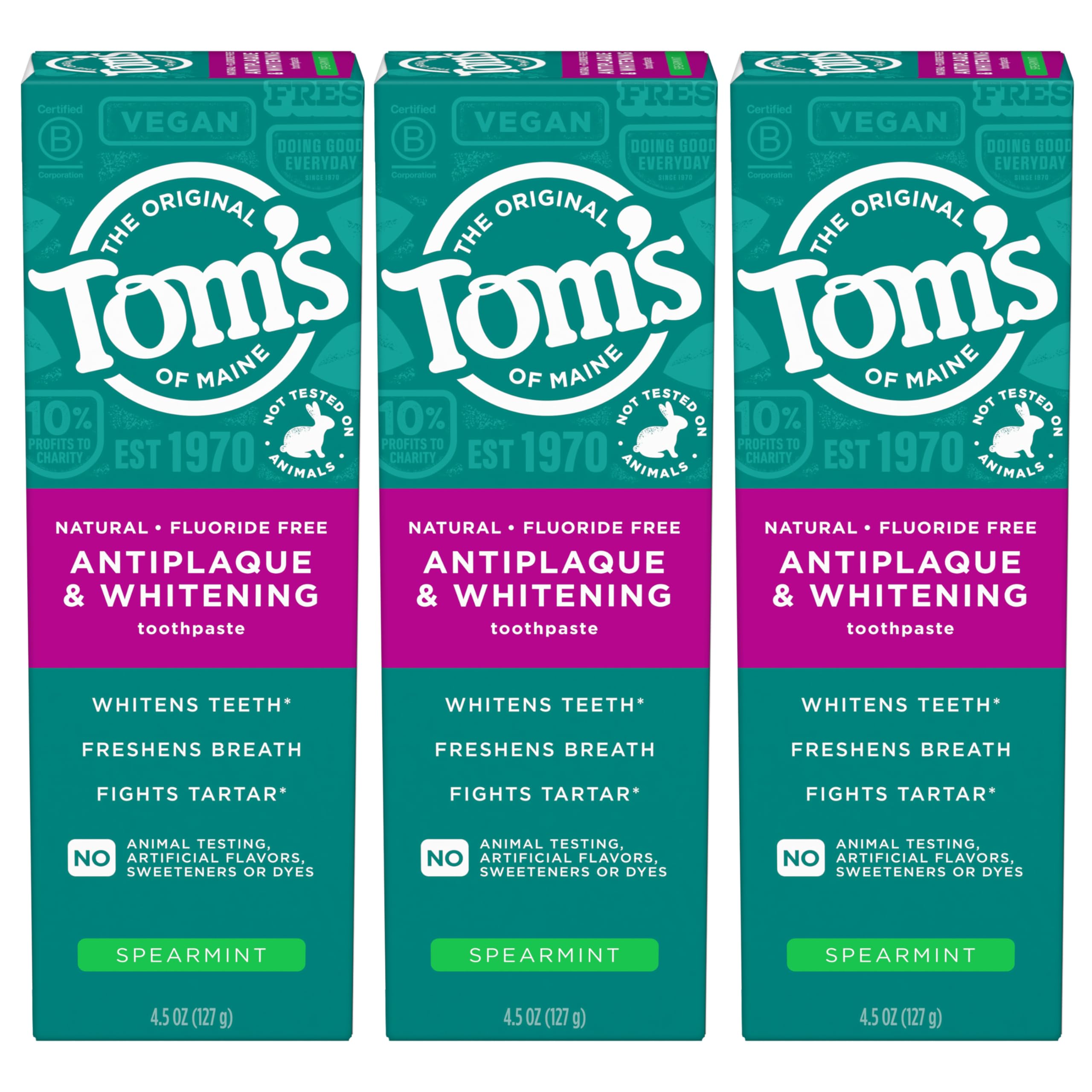 Tom's of Maine frontal del paquete mostrando beneficio antiplaque y blanqueador