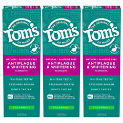 Tom's of Maine frontal del paquete mostrando beneficio antiplaque y blanqueador
