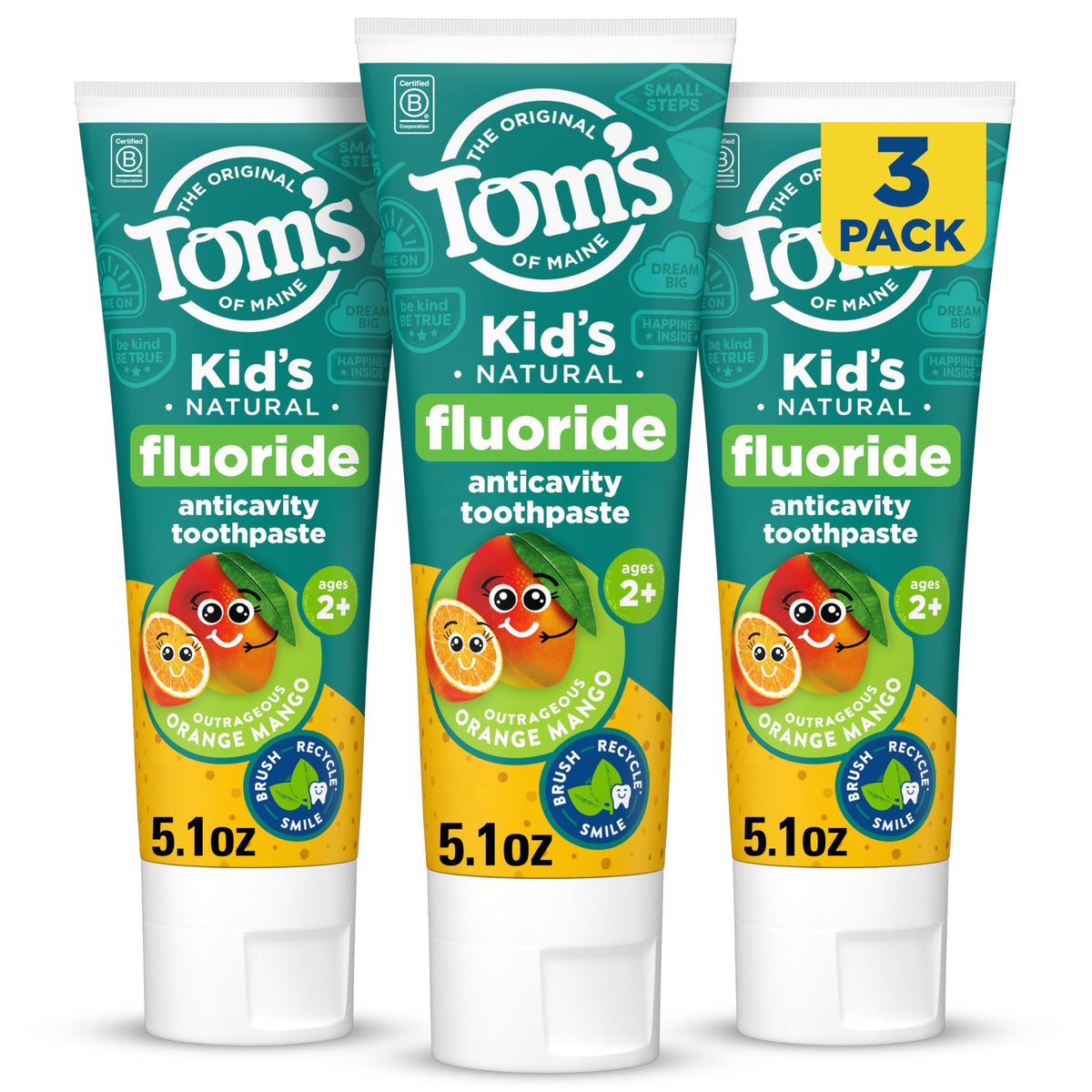 Tom's of Maine paquete frontal tres tubos muestra ahorro y conveniencia