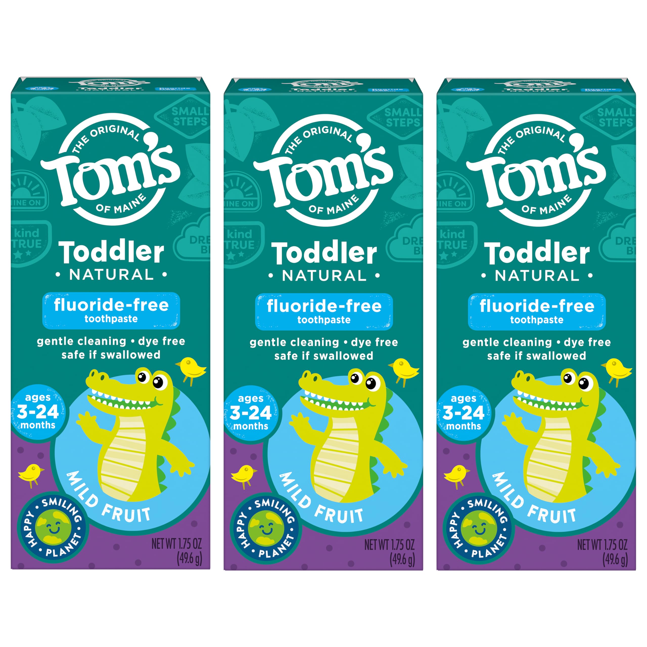 Tom's of Maine pack de tres tubos frente a fondo, suministro para varias semanas