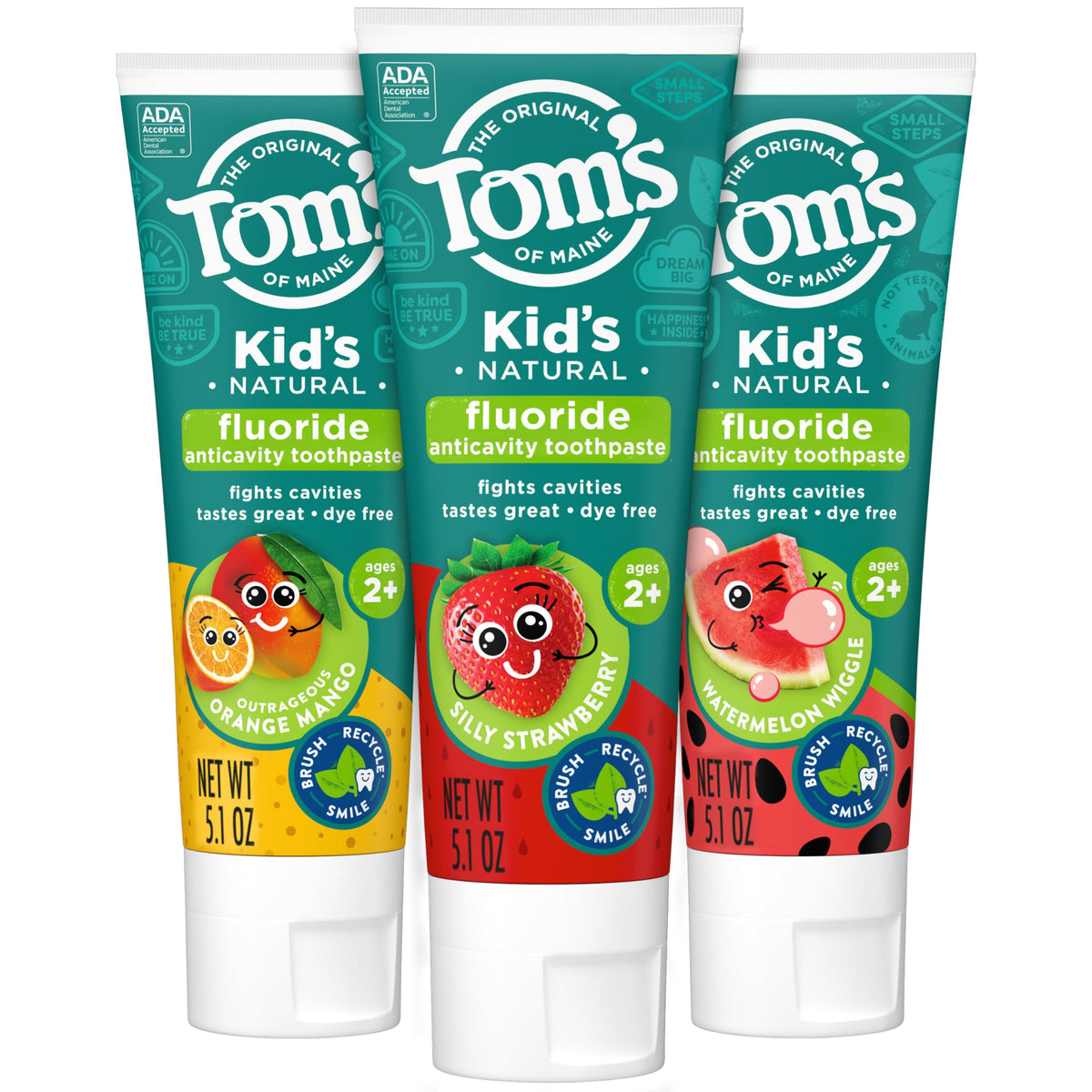 Tom's of Maine pack frontal mostrando los tres sabores, motivando el cepillado