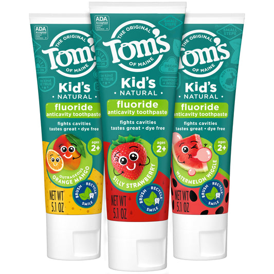 Tom's of Maine pack frontal mostrando los tres sabores, motivando el cepillado
