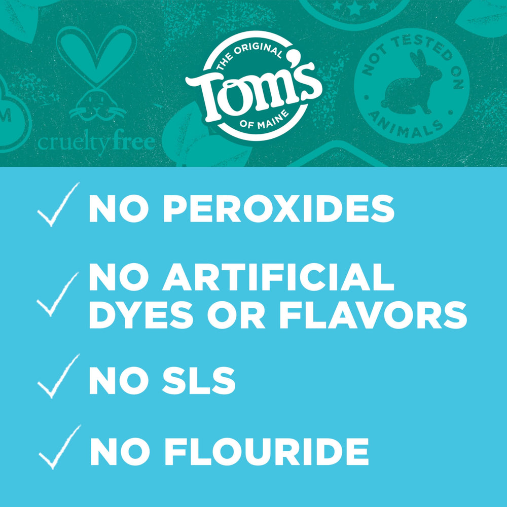 Tom's of Maine etiqueta mostrando sabor menta suave y sin peróxidos