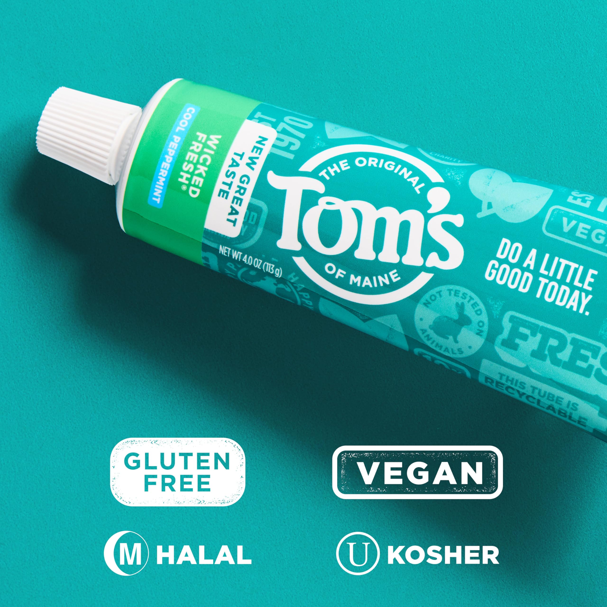 Tom's of Maine sello vegano y no testado en animales visible en empaque