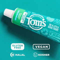 Tom's of Maine sello vegano y no testado en animales visible en empaque