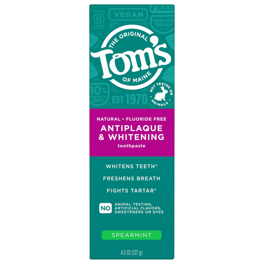 Tom's of Maine frente del empaque mostrando diseño y beneficios, limpieza natural