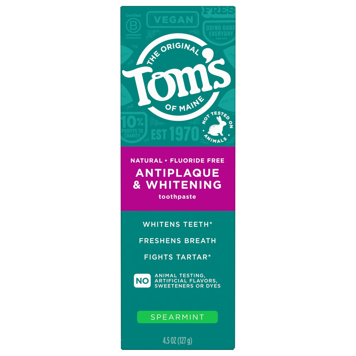 Tom's of Maine frente del empaque mostrando diseño y beneficios, limpieza natural
