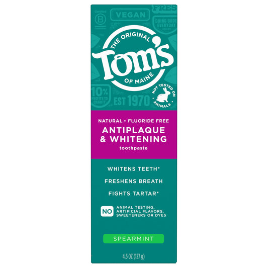 Tom's of Maine frente del empaque mostrando diseño y beneficios, limpieza natural