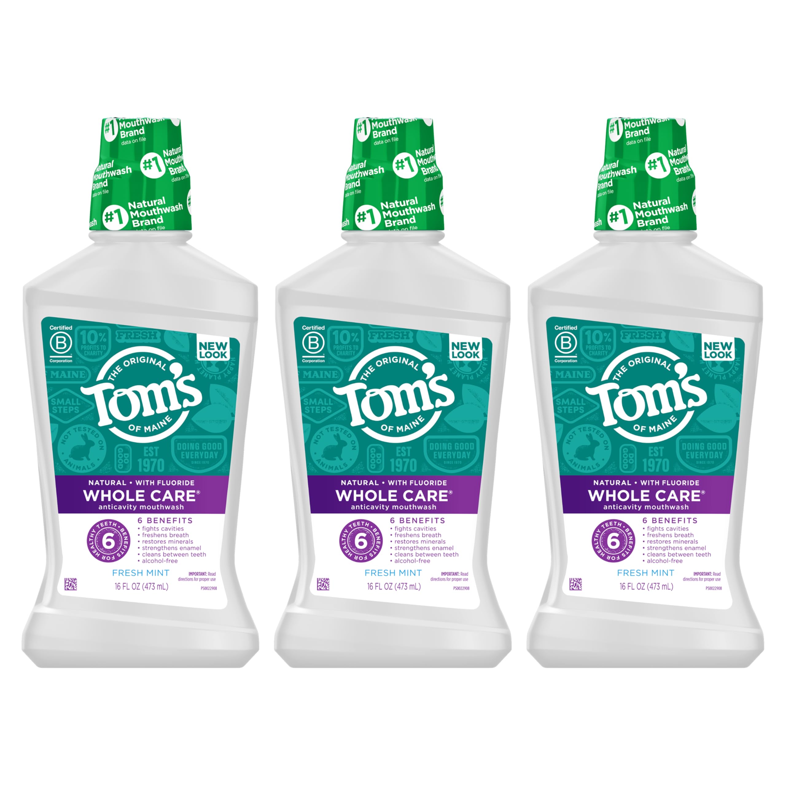 Tom's of Maine botellas mostrando símbolo de reciclaje y reducción de residuos