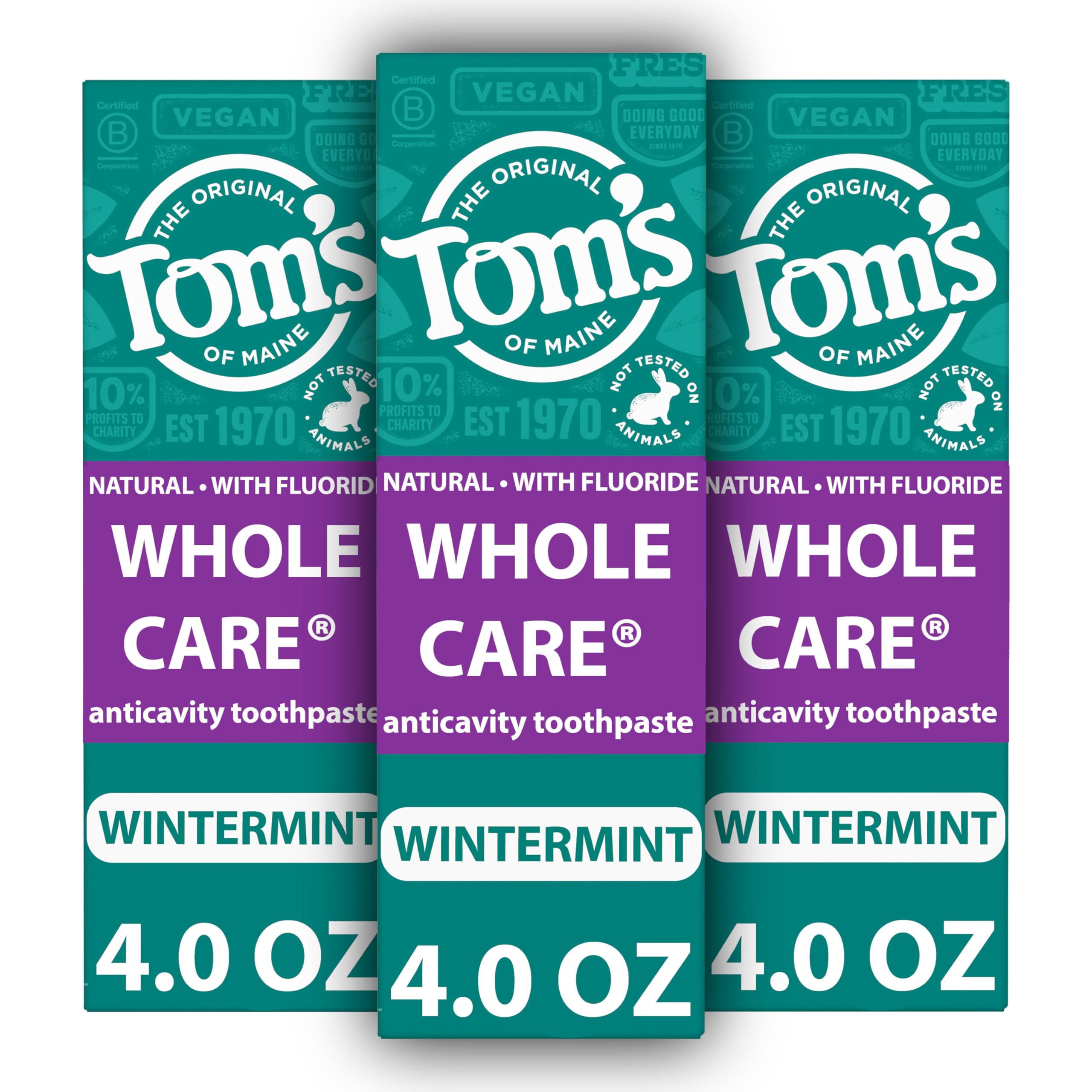 Tom's of Maine frente del empaque mostrando pack de 3 tubos y beneficio práctico