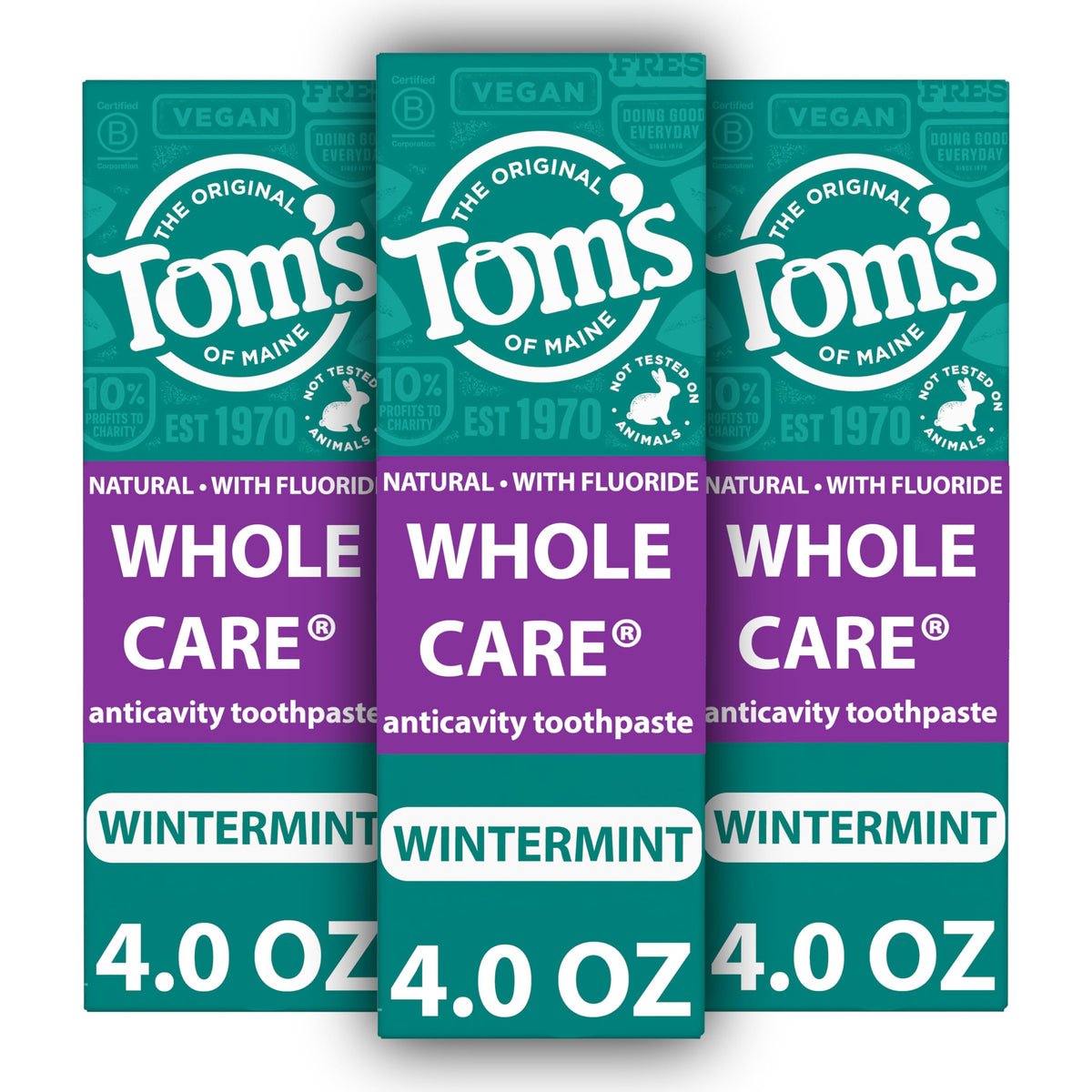Tom's of Maine frente del empaque mostrando pack de 3 tubos y beneficio práctico