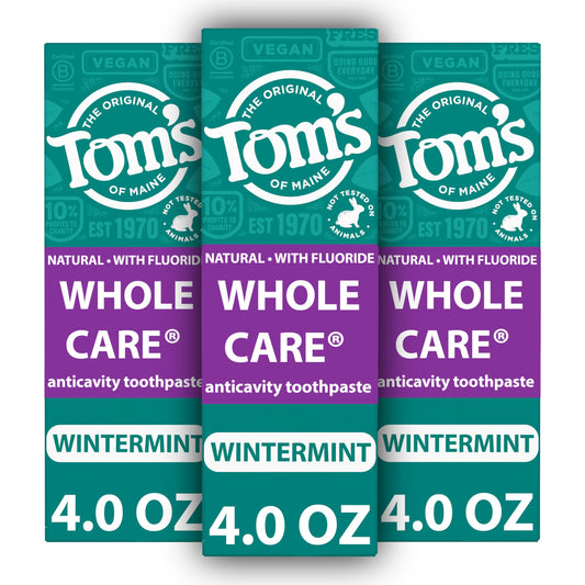 Tom's of Maine frente del empaque mostrando pack de 3 tubos y beneficio práctico