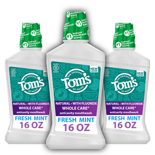 Tom's of Maine pack frontal mostrando tres botellas, conveniencia familiar