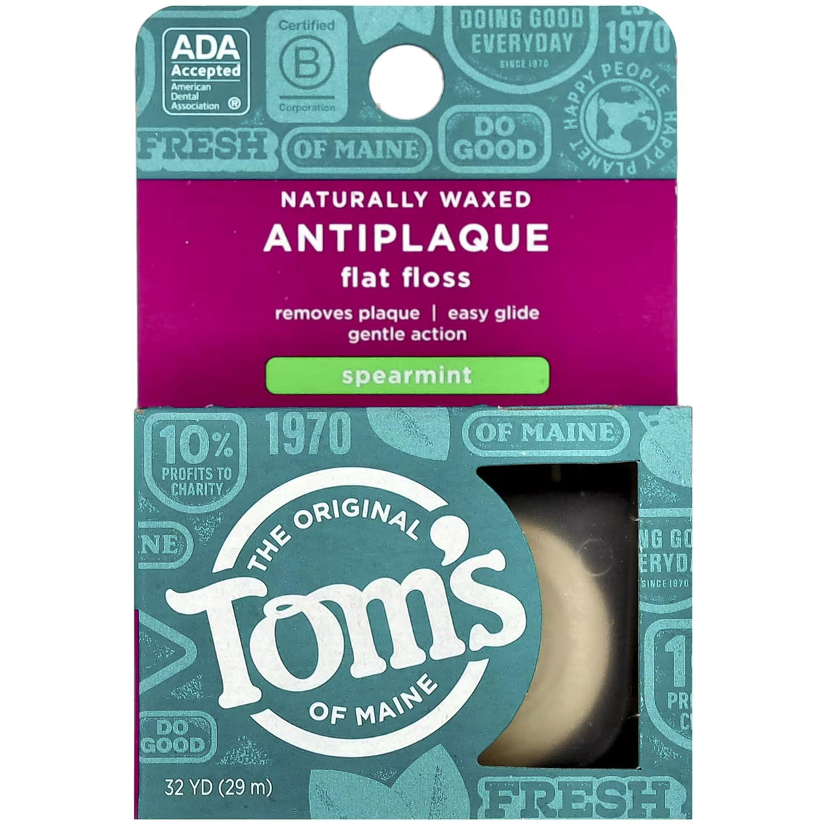 Tom's of Maine empaque frontal mostrando el hilo y beneficio de confianza
