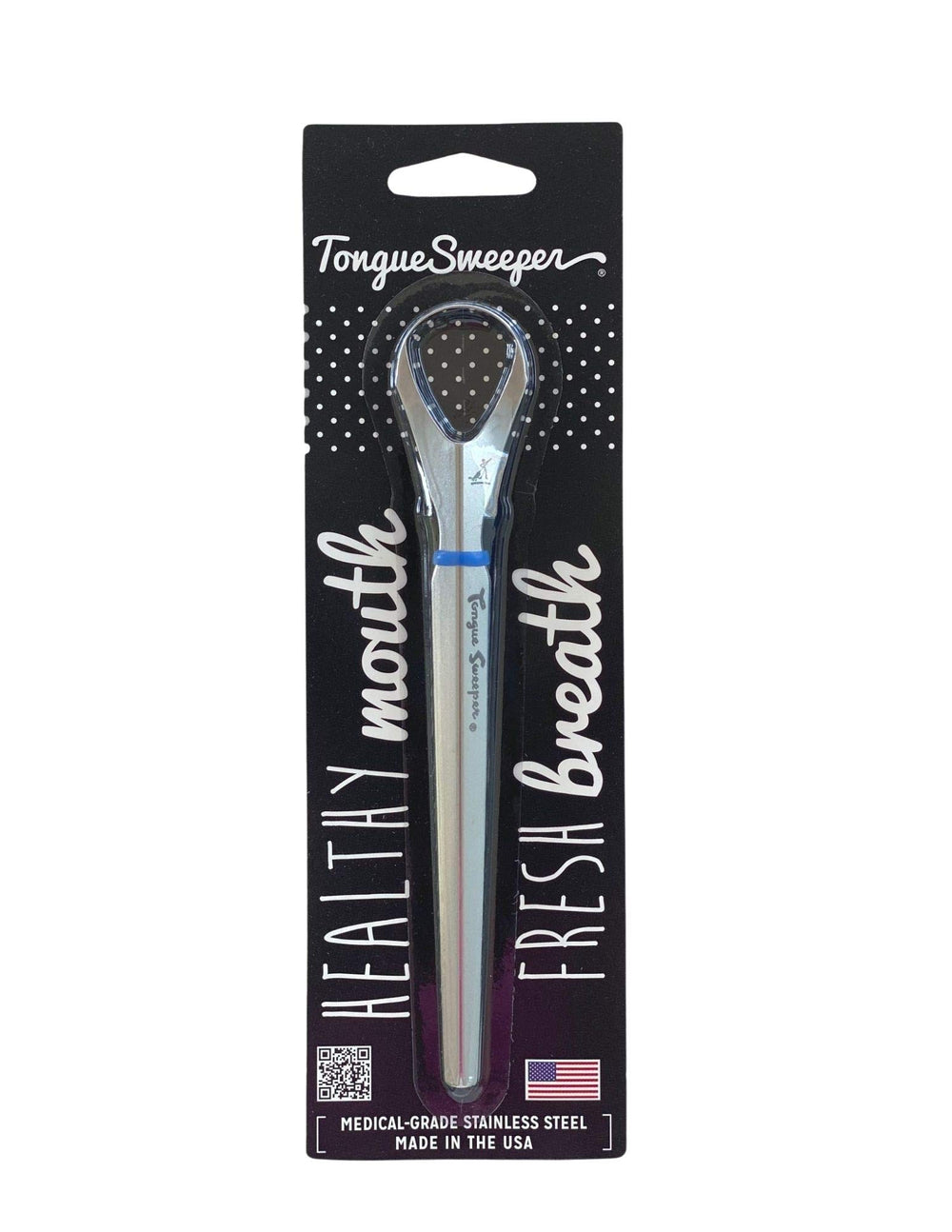 Tongue Sweeper frontal en acero inoxidable mostrando diseño ergonómico y durabilidad