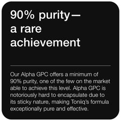 Toniiq Alpha GPC etiqueta con información de 600 mg y 90%+ pureza