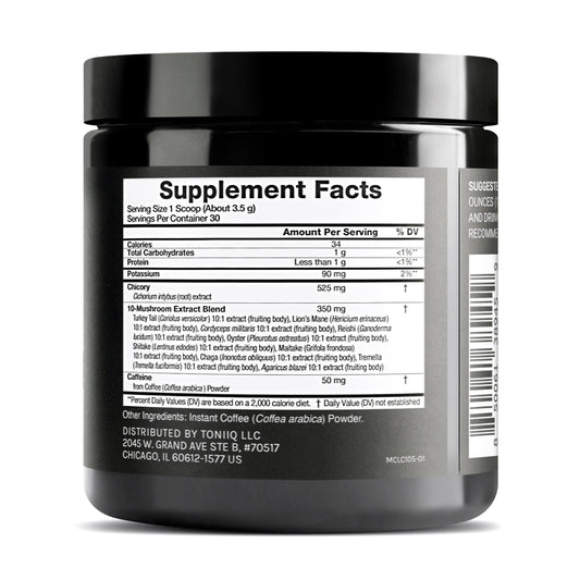 Toniiq café melena de león y cordyceps, enfoque claro y concentrado.